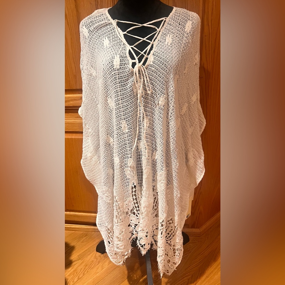 Swenton Crochet Lace-Up Tie V-Neck Caftan Beach Swim‎ Cover-Up Ivory One Size